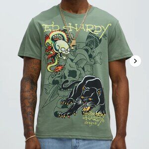 Ed Hardy Dragon Panther Tattoo Y2K Streetwear Short Sleeve Tee Size Large Green